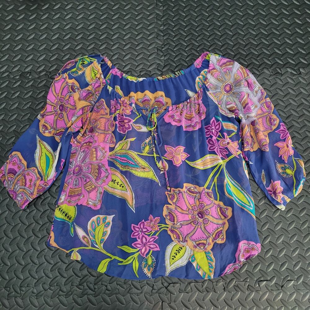 Boho 100% Silk Floral Sheer Peasant Blouse Womens OS 3/4 Sleeve Top Vacation